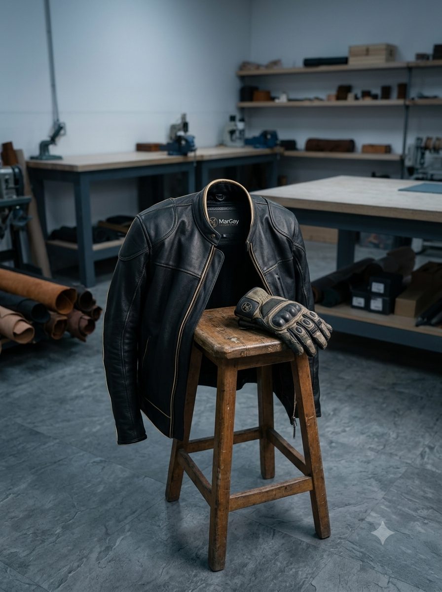 Motorcycle leather jacket and gloves