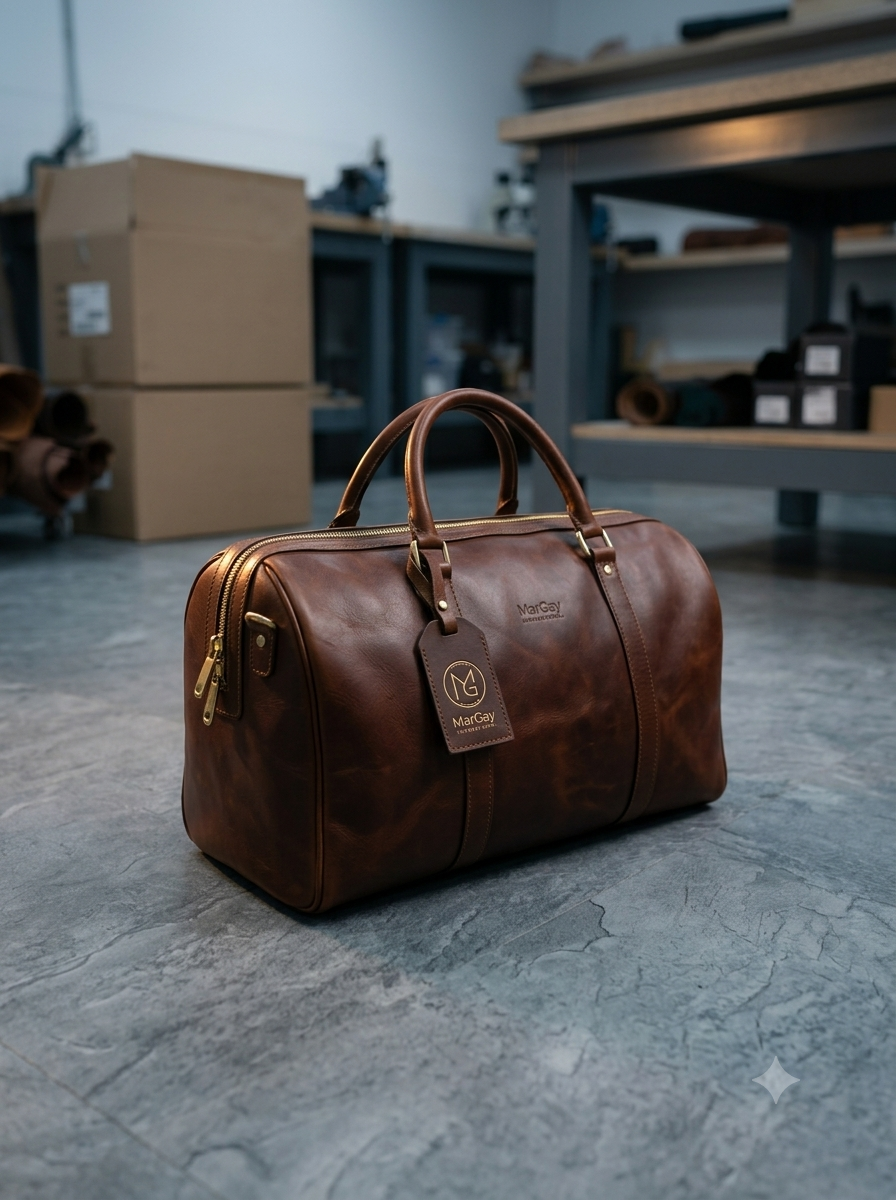 Leather duffel bag on workshop floor